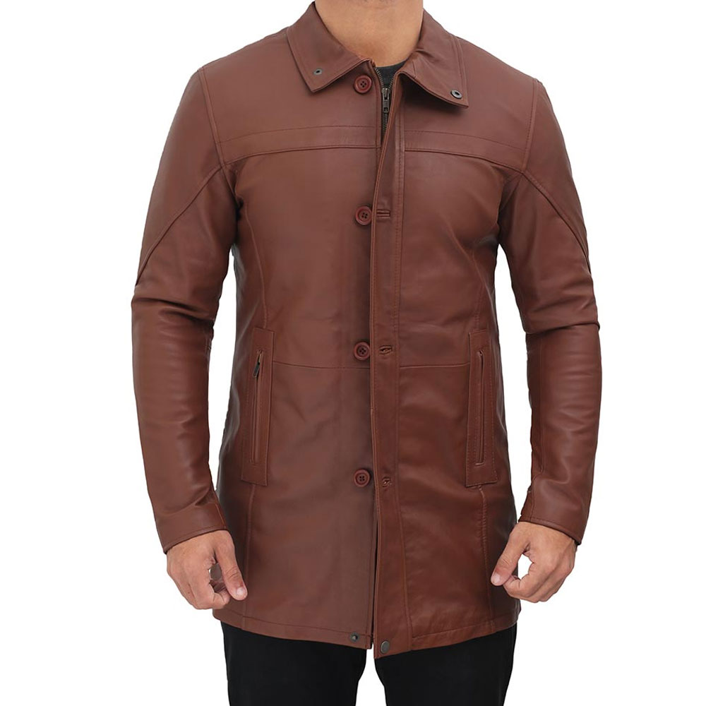 HIT N FIT Men's Cognac Brown Real Leather Coat | Button Zip Front Winter Trench Overcoat