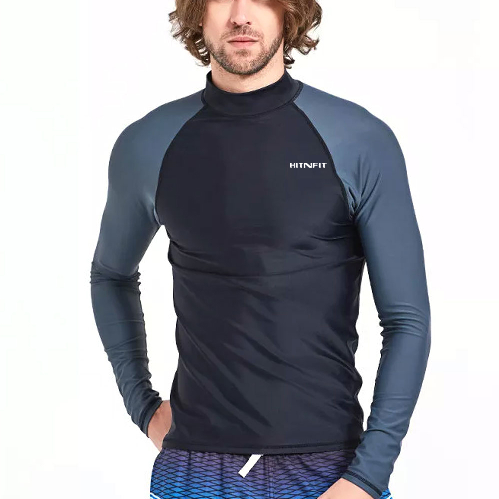 HIT N FIT Men's Mock Neck Compression Rash Guard | Black & Charcoal Grey Raglan Swim Shirt