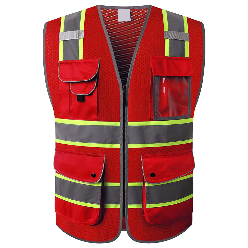 HIT N FIT High Visibility Red Safety Vest with Multi Utility Pockets and Reflective Yellow Stripes