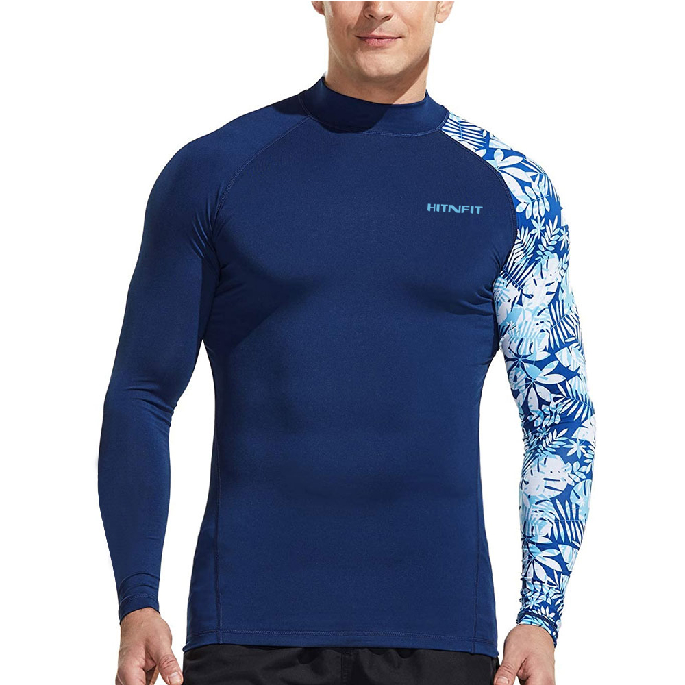 HIT N FIT Men's Compression Long Sleeve Rash Guard | Navy & Blue Tropical Leaf Swim Shirt