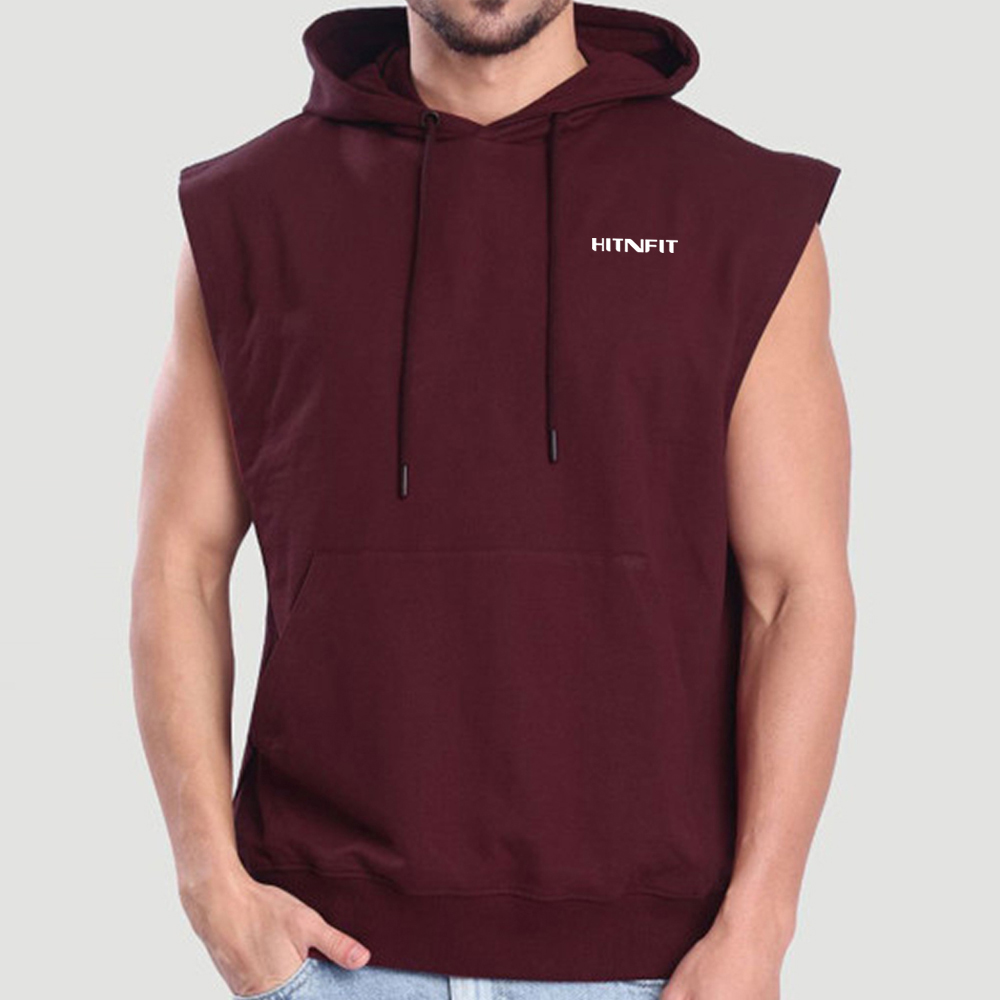 HIT N FIT Men's Maroon Sleeveless Hooded Workout Shirt | Solid Burgundy Cutoff Gym Tank Hoodie