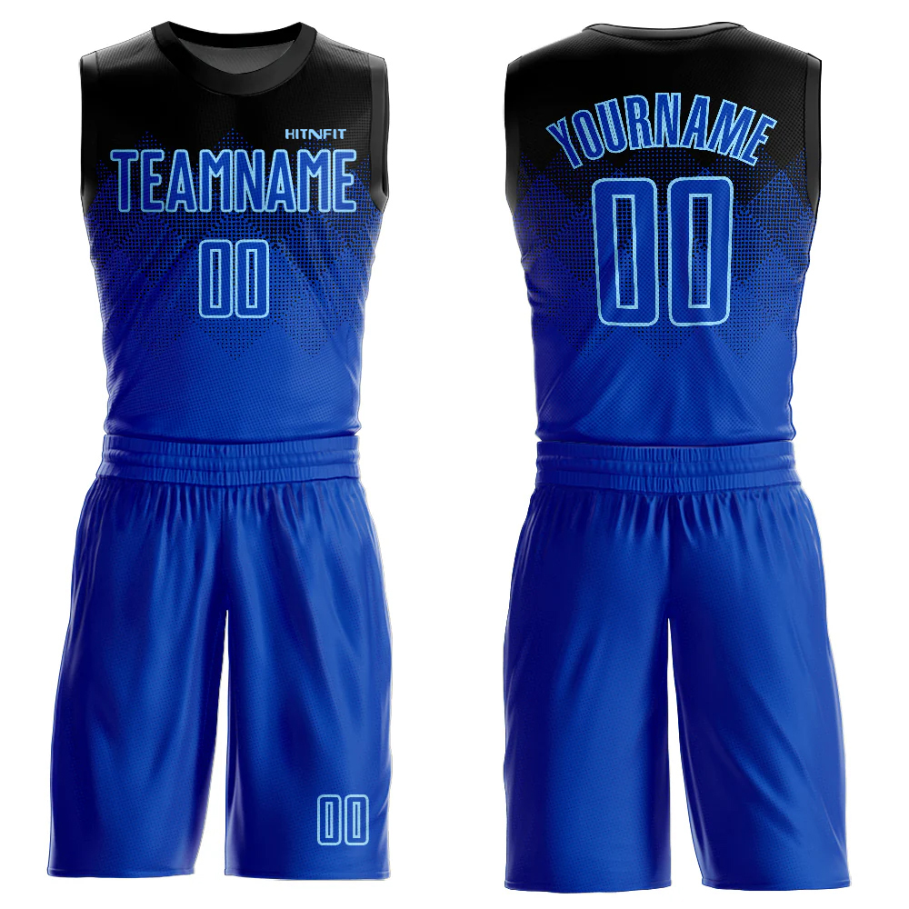 HIT N FIT Custom Sublimated Navy Blue & Electric Blue Basketball Uniform Set | Brush Fade Team Jersey and Shorts