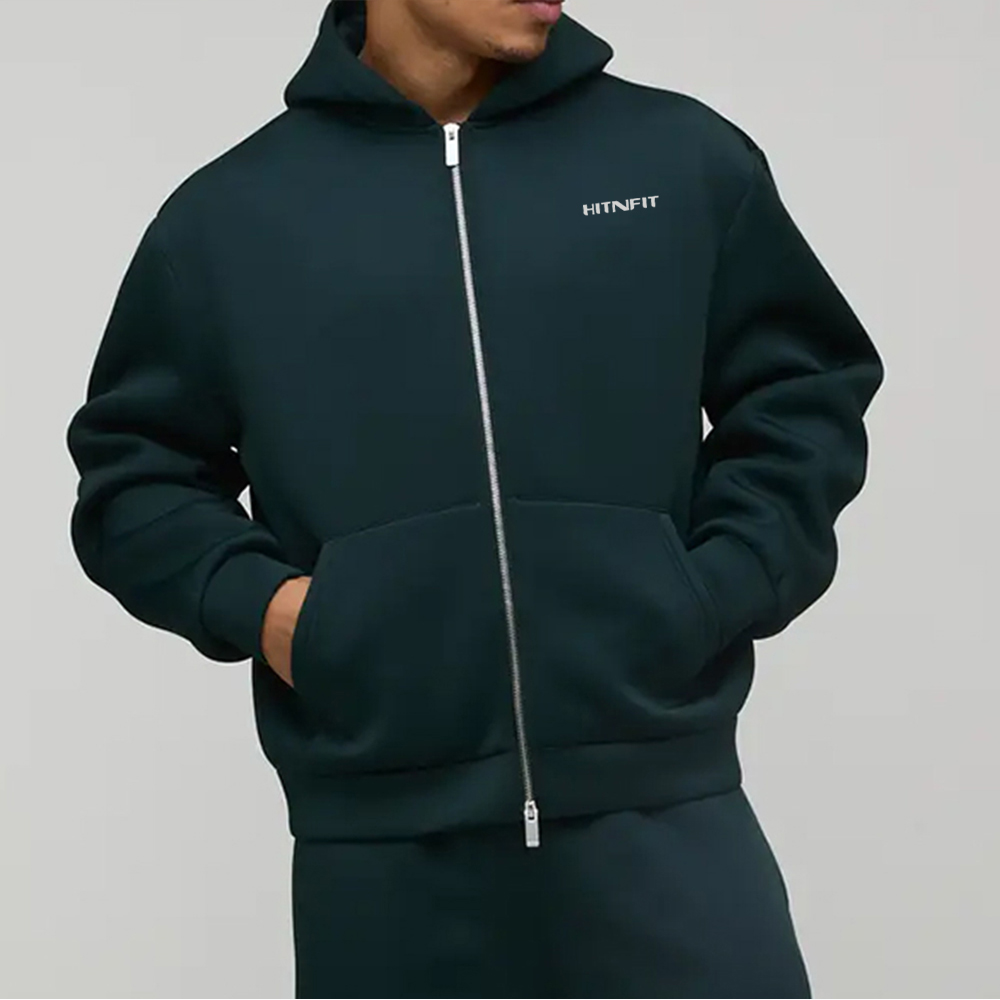 HIT N FIT Premium Oversized Black Zip-Up Hoodie | Minimalist Heavyweight Fleece Streetwear Hoodie