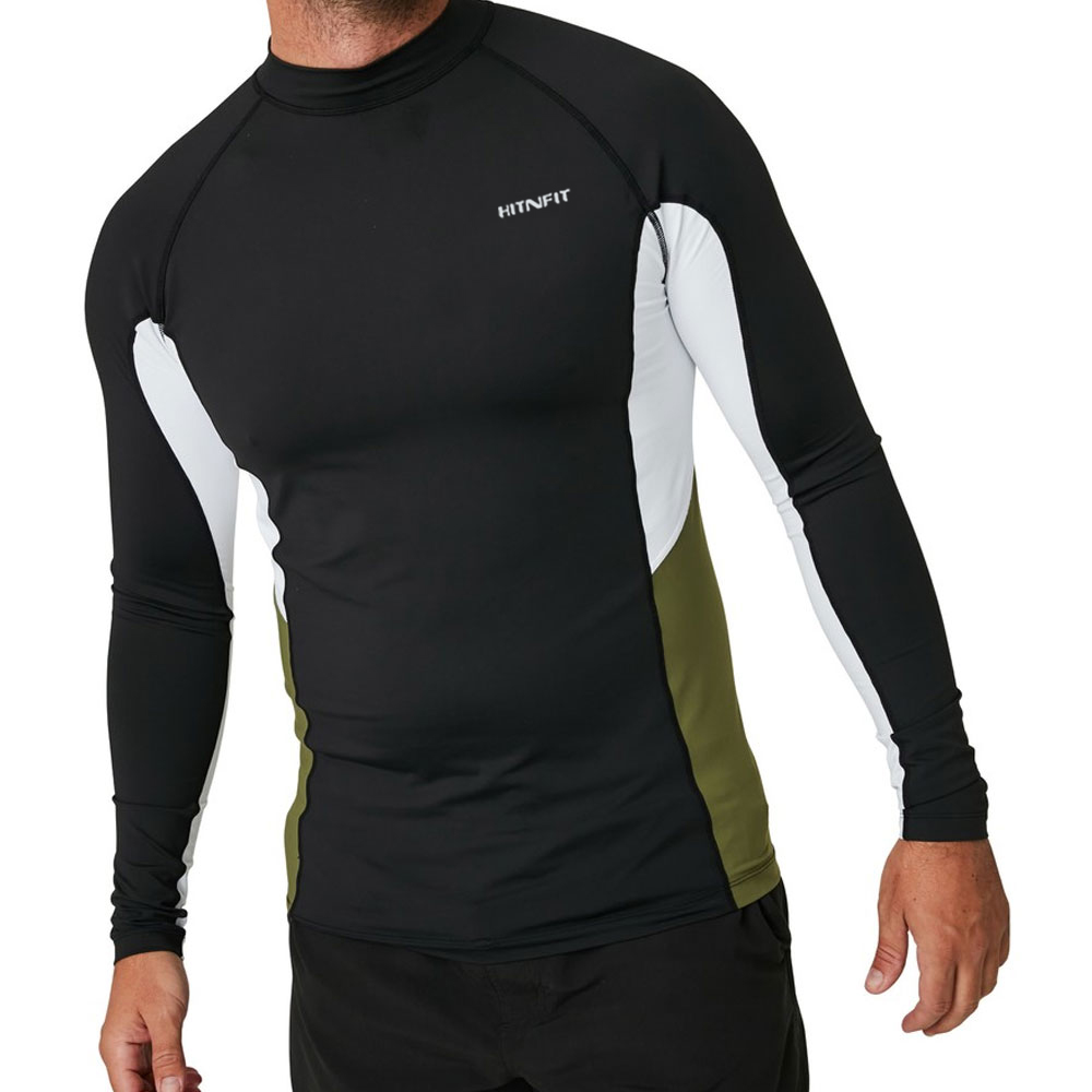 HIT N FIT Men's Multi-Panel Long Sleeve Rash Guard | Black, White & Olive Green Compression Top