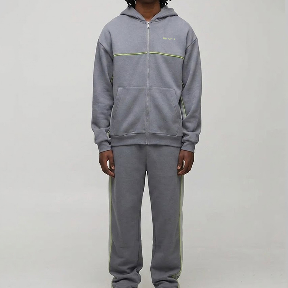 HIT N FIT Oversized Zip-Up Hoodie | Heather Grey Fleece Streetwear Outerwear with Neon Piping
