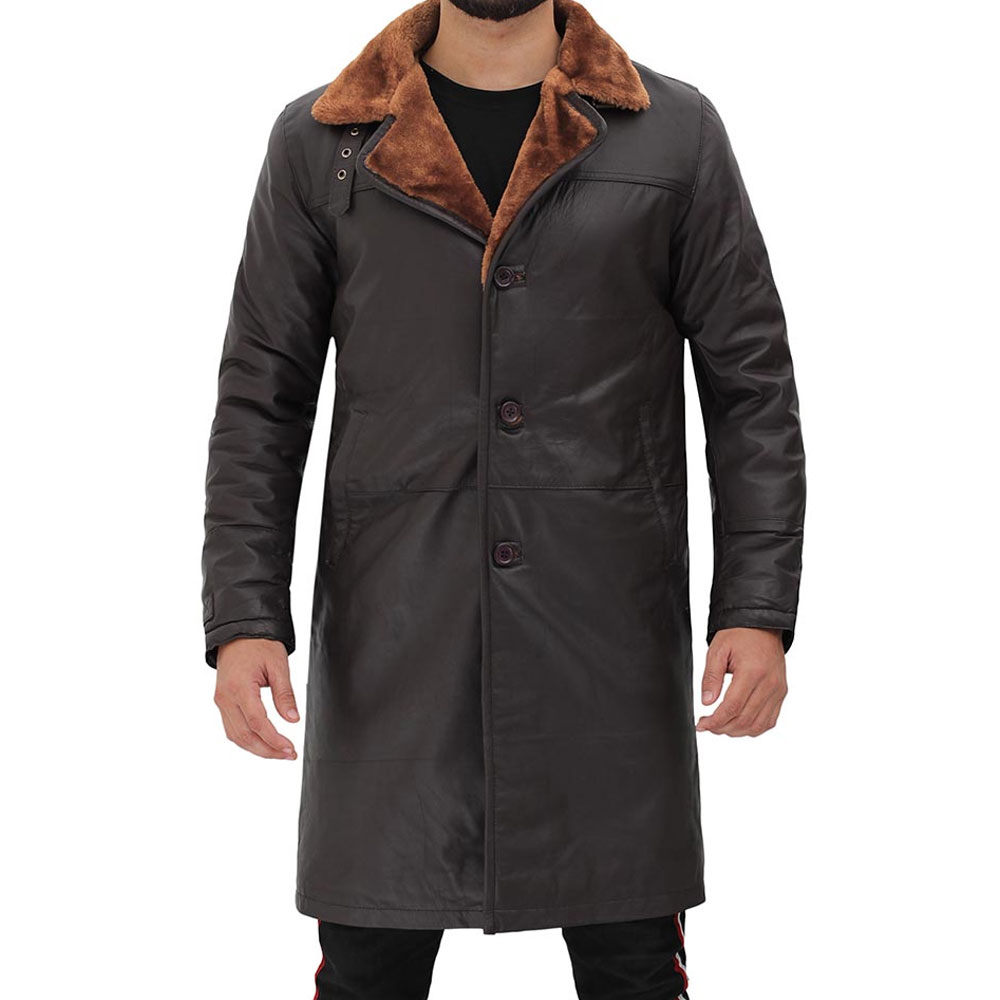 HIT N FIT Men's Dark Brown Real Leather Trench Coat | Brown Fur Collar Winter Shearling Overcoat