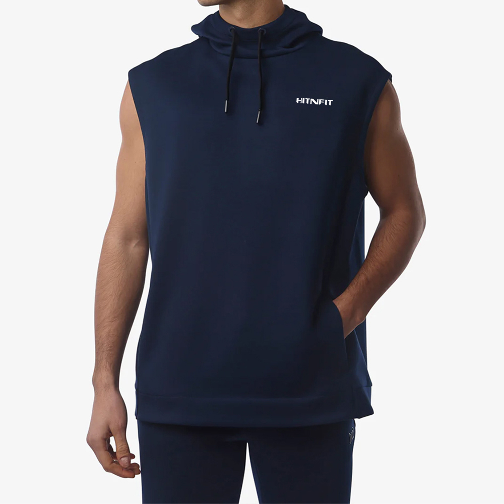 HIT N FIT Men's Midnight Navy Sleeveless Funnel Neck Workout Hoodie | Athletic Gym Cutoff Tank