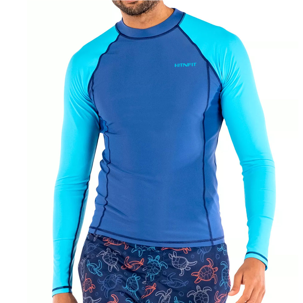 HIT N FIT Men's Compression Long Sleeve Rash Guard | Navy & Blue Tropical Leaf Swim Shirt