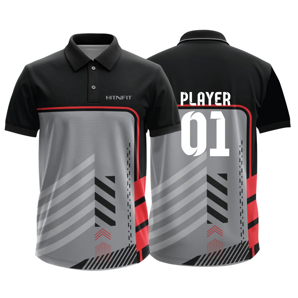 HIT N FIT Custom Sublimated Cricket Jersey | Black & Grey Geometric Polo Kit