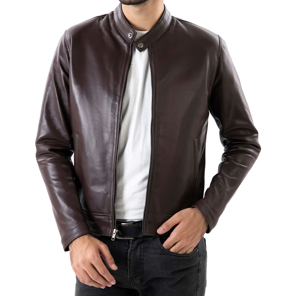 HIT N FIT Men's Chestnut Brown Real Leather Biker Jacket | Snap Collar Cafe Racer Motorcycle Outerwear