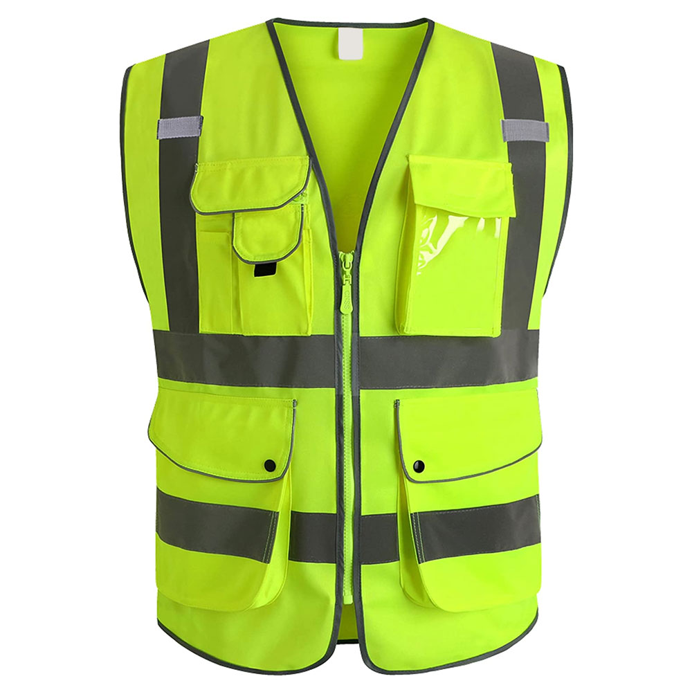 HIT N FIT High Visibility Neon Yellow Safety Vest with Heavy Duty Multi Pockets and Silver Reflective Stripes