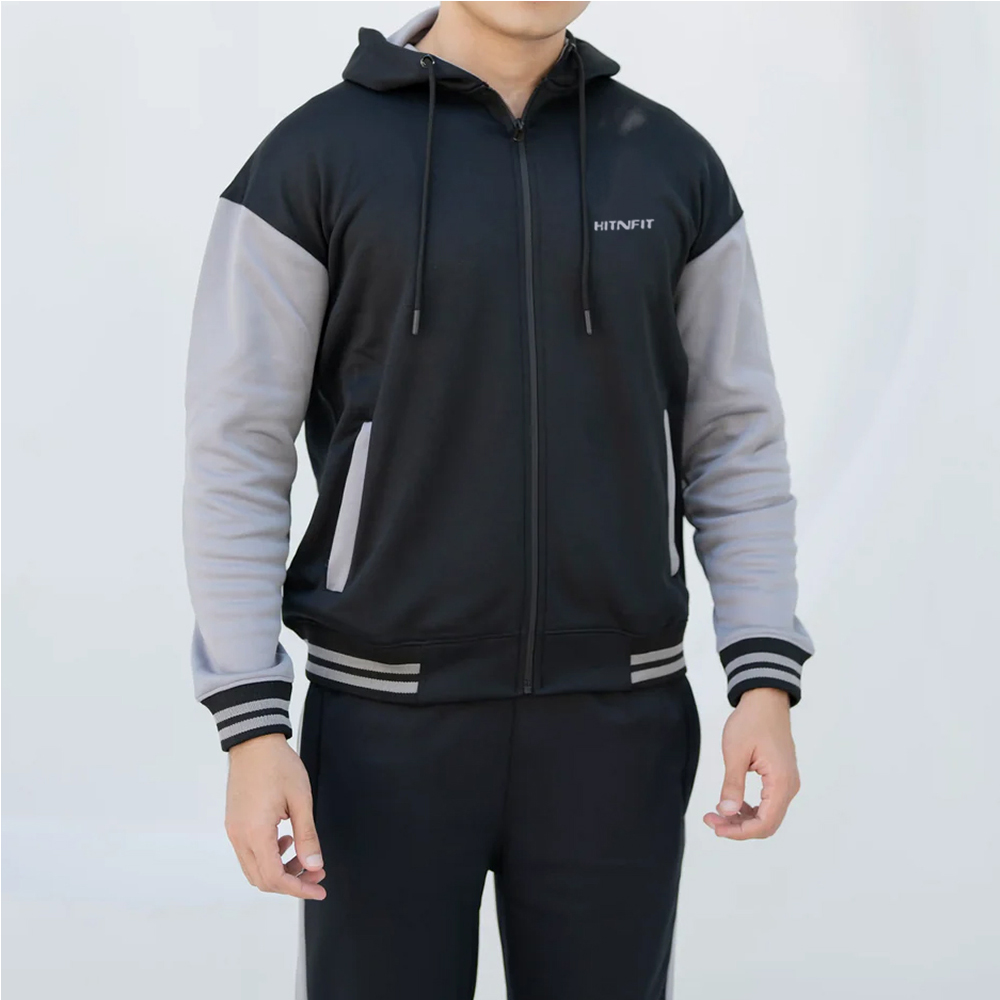 HIT N FIT Custom Color-Block Oversized Zip Hoodie | Black & Grey Fleece Sportswear