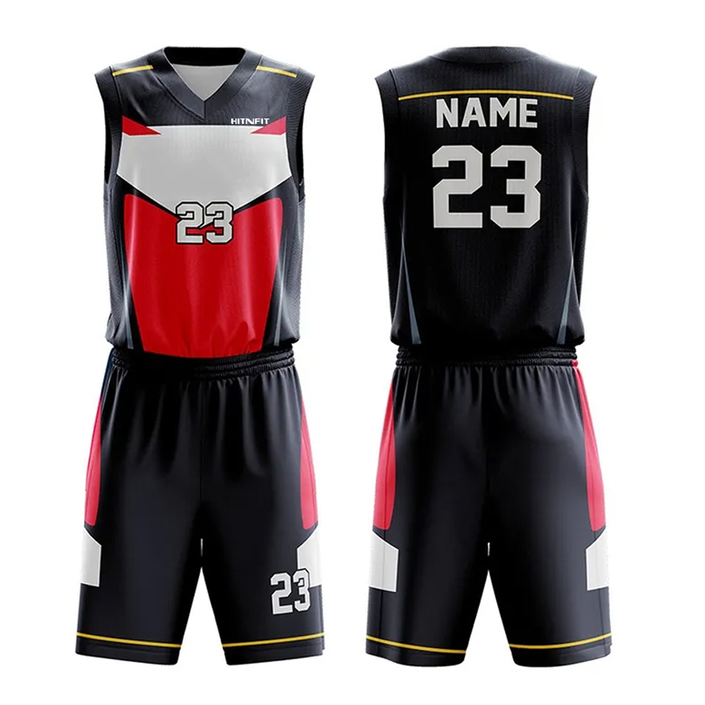 HIT N FIT Custom Sublimated Black, Red & White Basketball Uniform Set | Modern Geometric Panel Personalized Team Jersey and Shorts