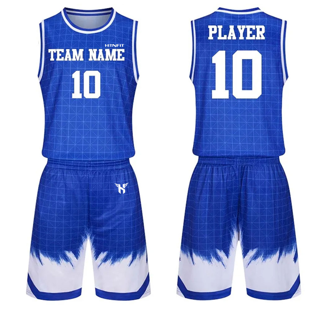 HIT N FIT Custom Sublimated Royal Blue & White Basketball Uniform Set | Geometric Grid Fade Team Jersey and Shorts