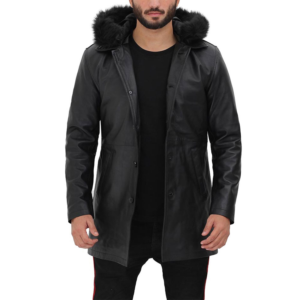 HIT N FIT Men's Black Real Leather Trench Coat | Fur Hooded Winter Parka Overcoat