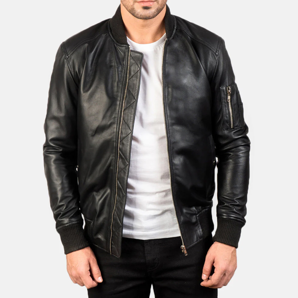 HIT N FIT Men's Black Real Leather Racer Biker Jacket | Zipper Arm Pocket Leather Motorcycle Outerwear