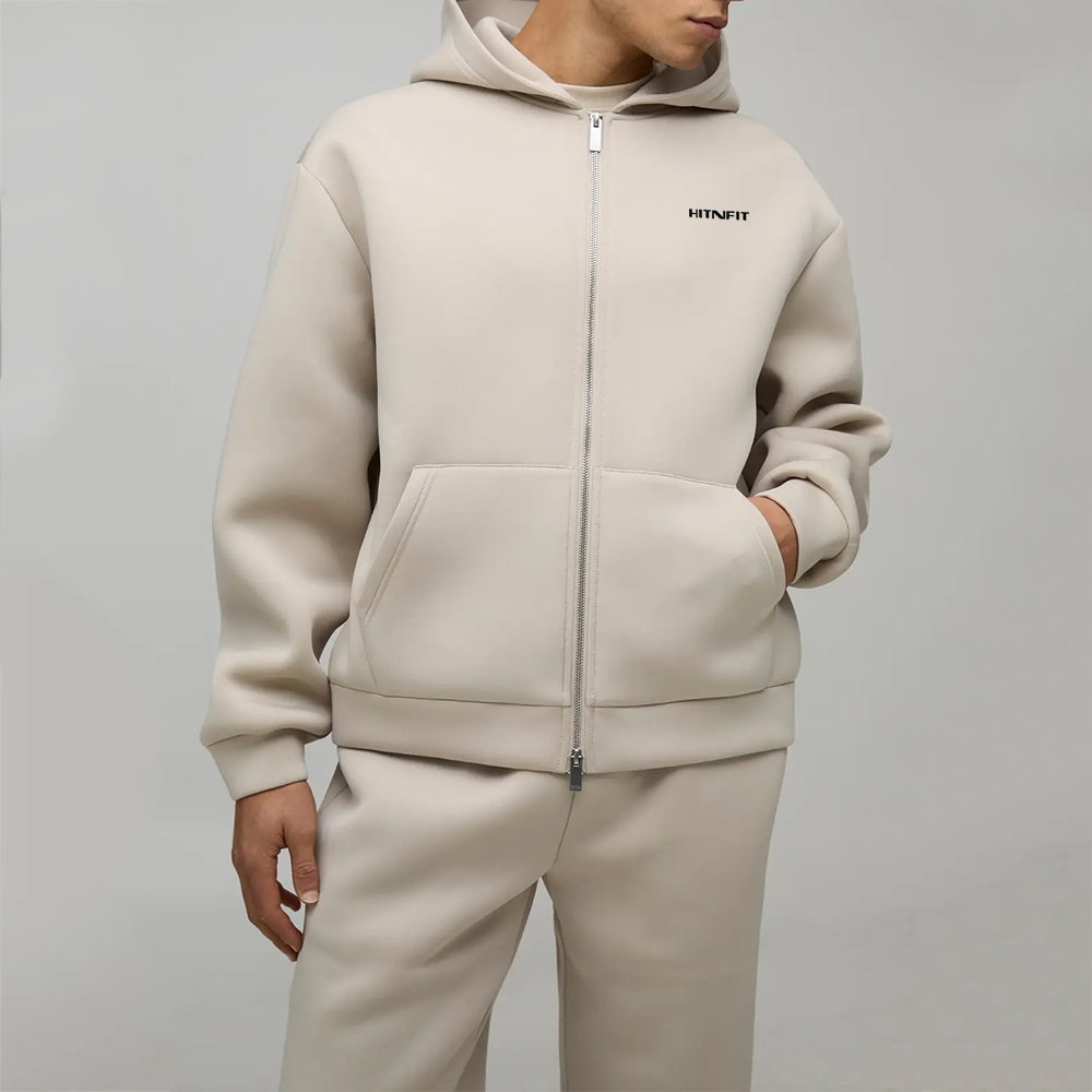 HIT N FIT Premium Oversized Beige Zip-Up Hoodie | Minimalist Heavyweight Fleece Streetwear Hoodie
