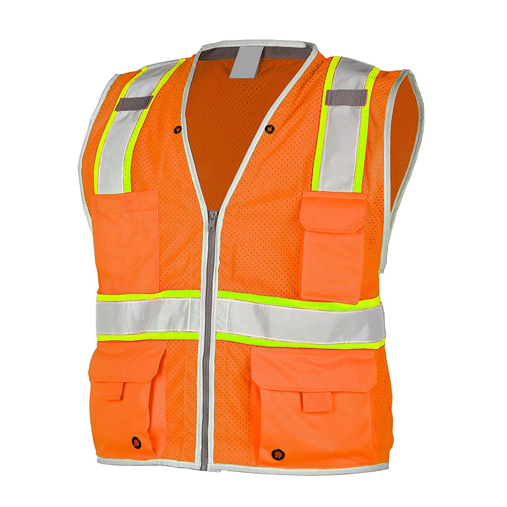 HIT N FIT High Visibility Fluorescent Orange Safety Vest with Heavy Duty Multi Pockets and Reflective Yellow Stripes