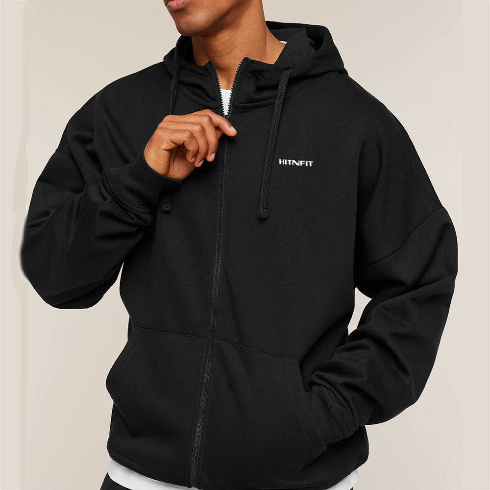 HIT N FIT Minimalist Oversized Zip-Up Hoodie | Solid Black Fleece Heavyweight Streetwear Outerwear