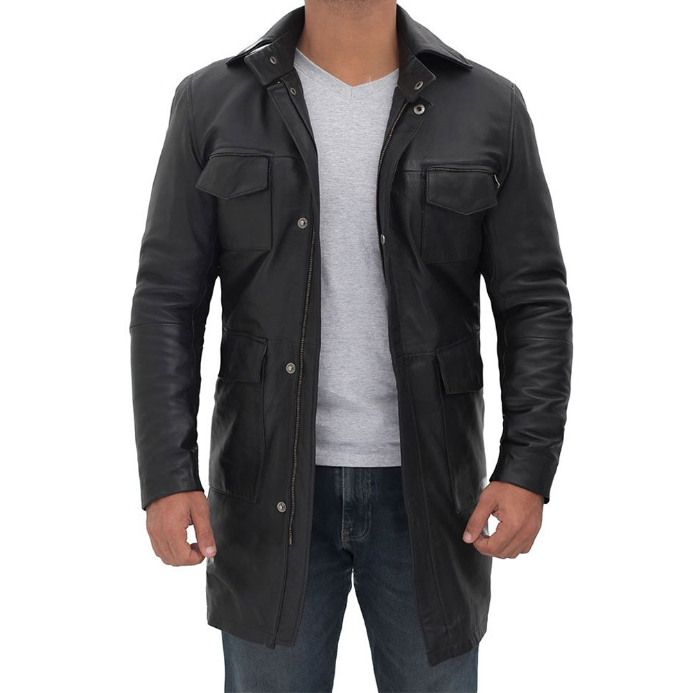HIT N FIT Men's Black Real Leather Field Trench Coat | Utility 4-Pocket Safari Winter Overcoat