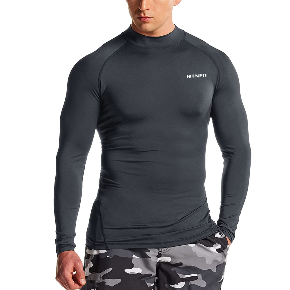 HIT N FIT Men's Solid Charcoal Grey Mock Neck Compression Rash Guard | Long Sleeve Athletic Base Layer