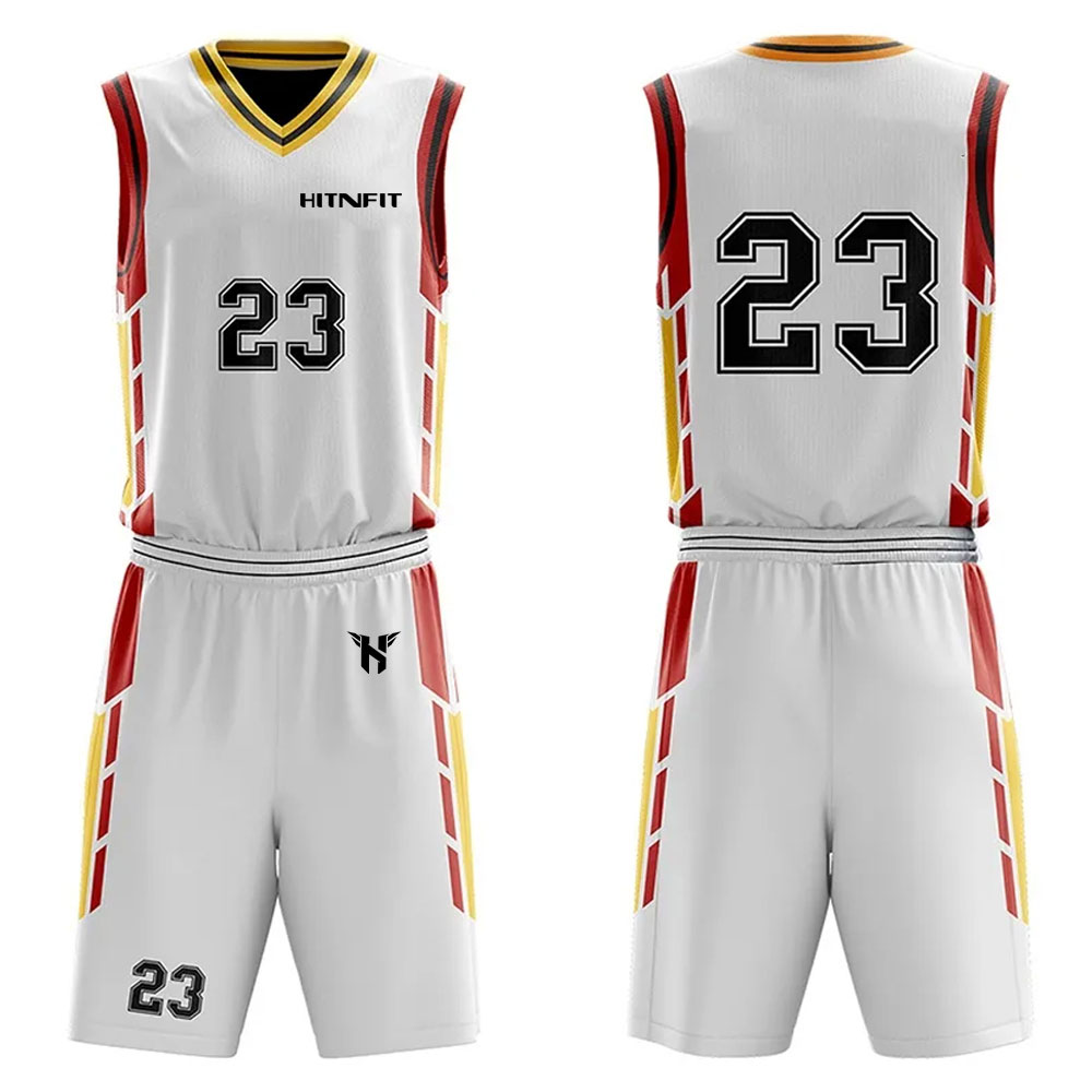 HIT N FIT Custom Sublimated White Basketball Uniform Set | Red & Gold Angular Side Panel Team Jersey and Shorts