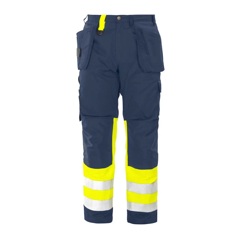 HIT N FIT High Visibility Navy Blue Safety Work Trousers with Neon Yellow Accents and Holster Pockets