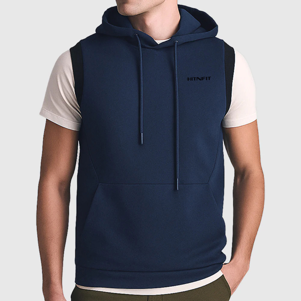 HIT N FIT Men's Sleeveless Hooded Gym Vest | Dark Navy & Black Trim Athletic Tank Top Hoodie