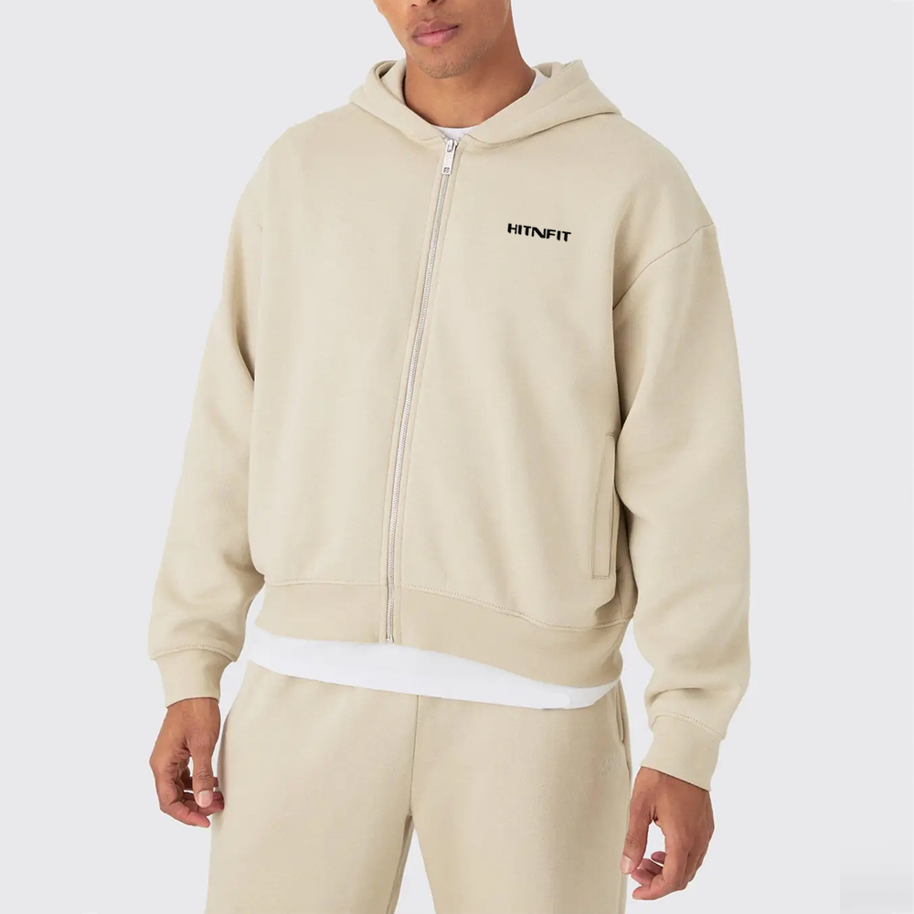HIT N FIT Custom Oversized Beige Zip-Up Hoodie | Premium Minimalist Fleece Streetwear Hoodie