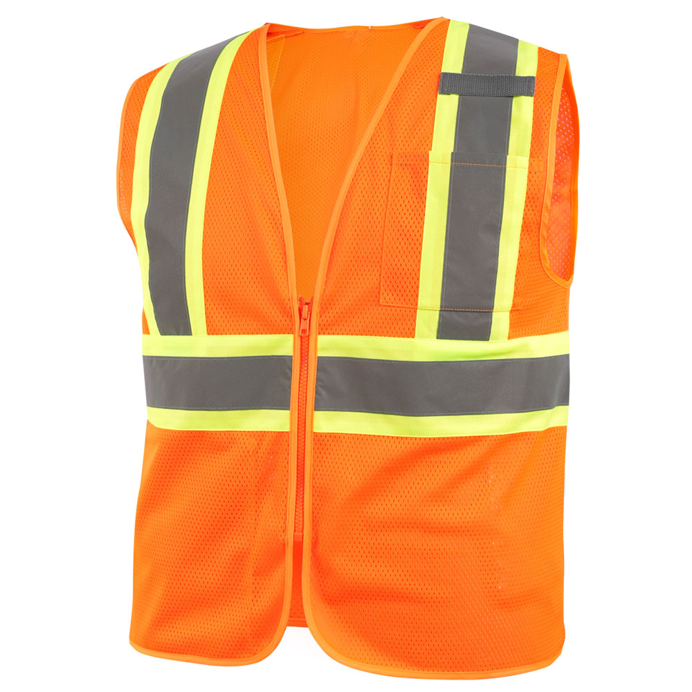HIT N FIT High Visibility Fluorescent Orange Safety Vest with Reflective Yellow Stripes and Full Zipper