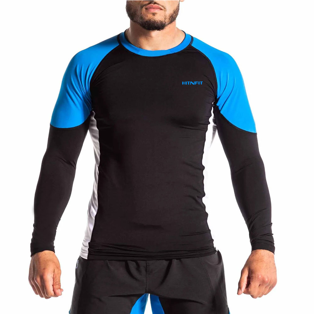 HIT N FIT Men's Long Sleeve Compression Rash Guard | Black, Bright Blue & White Tri-Tone Swim Top