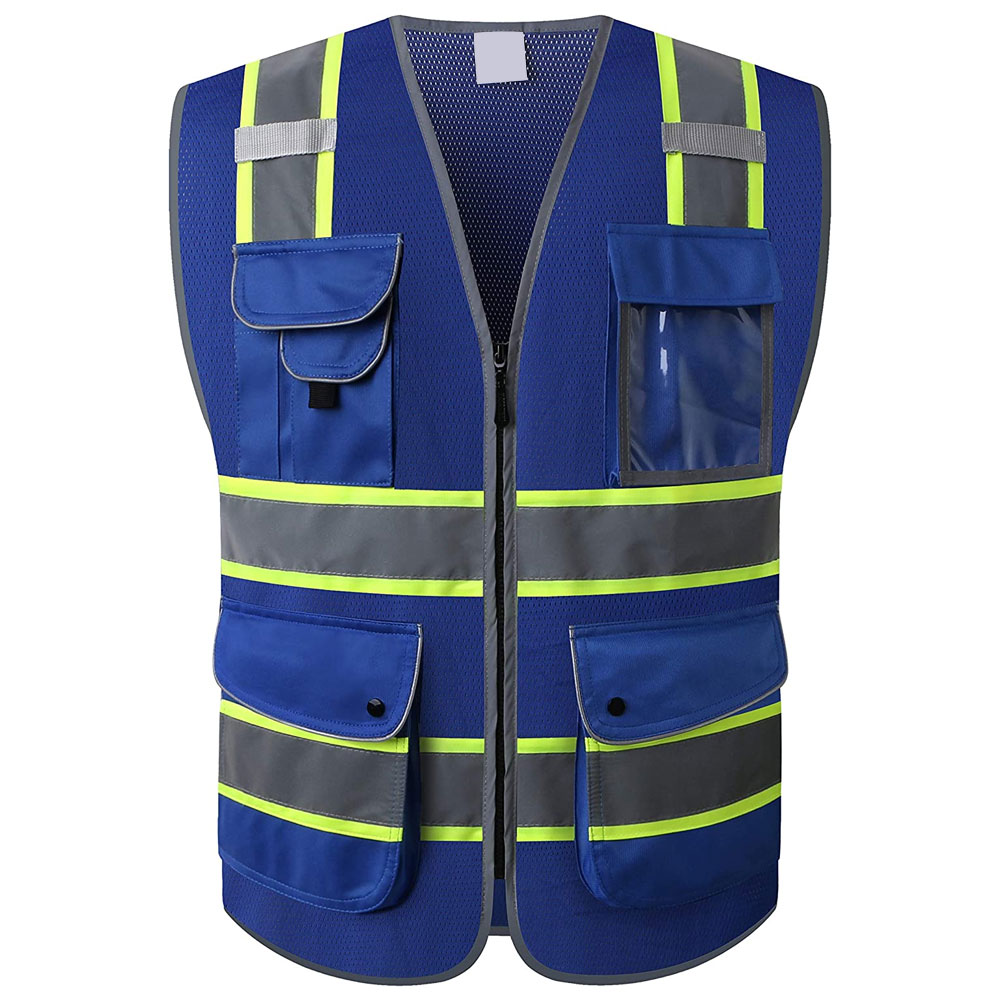 HIT N FIT High Visibility Royal Blue Safety Vest with Multi Utility Pockets and Reflective Yellow Stripes