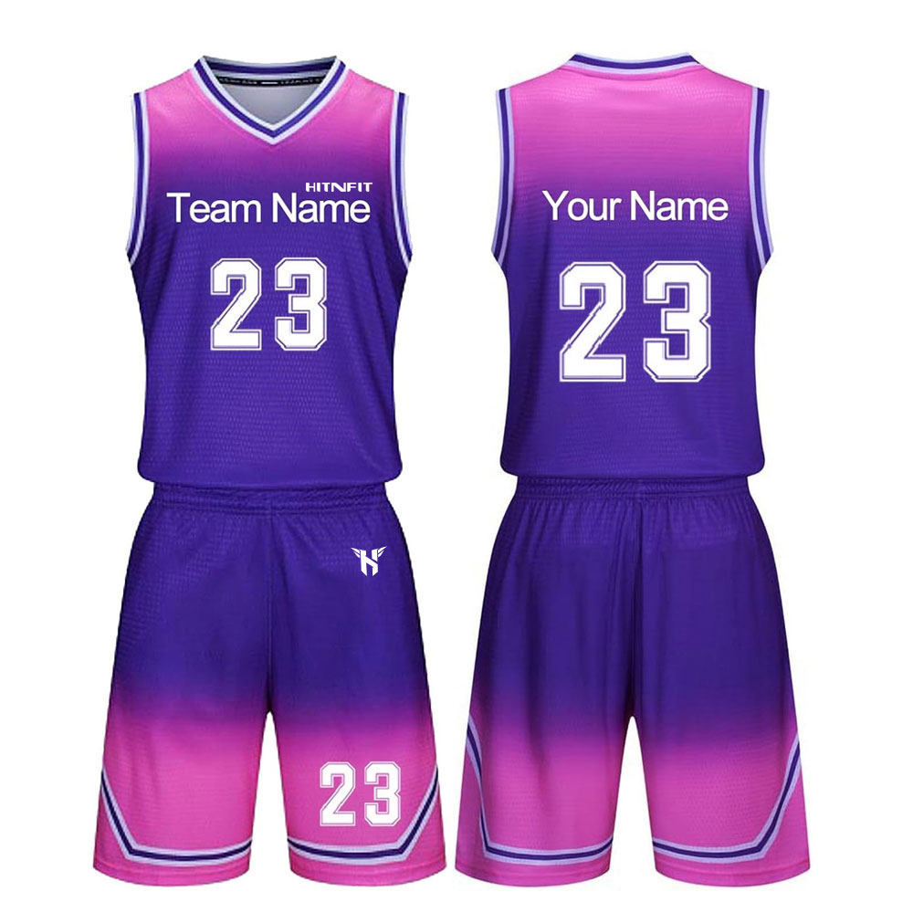 HIT N FIT Custom Sublimated Purple & Pink Gradient Basketball Uniform Set | Personalized Ombre Team Jersey and Shorts