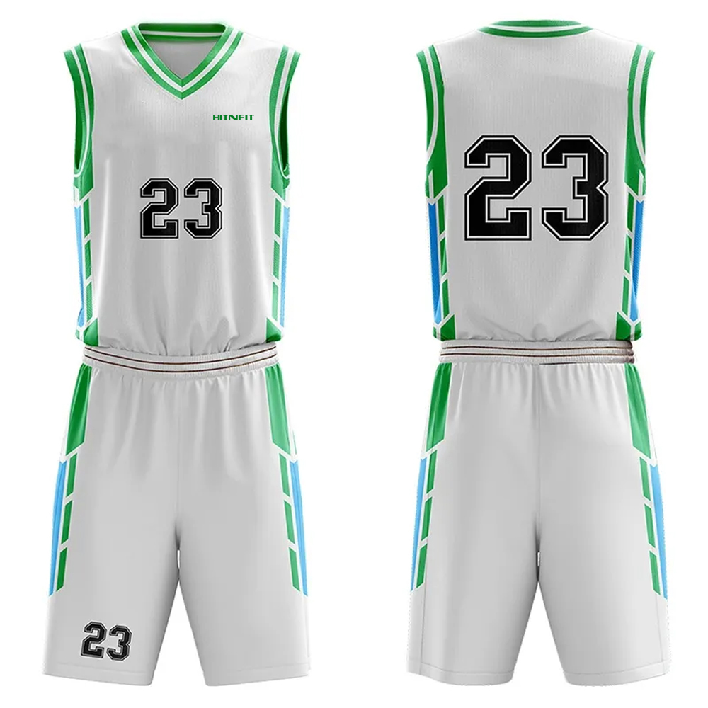 HIT N FIT Custom Sublimated White Basketball Uniform Set | Green & Sky Blue Geometric Side Stripe Team Jersey and Shorts