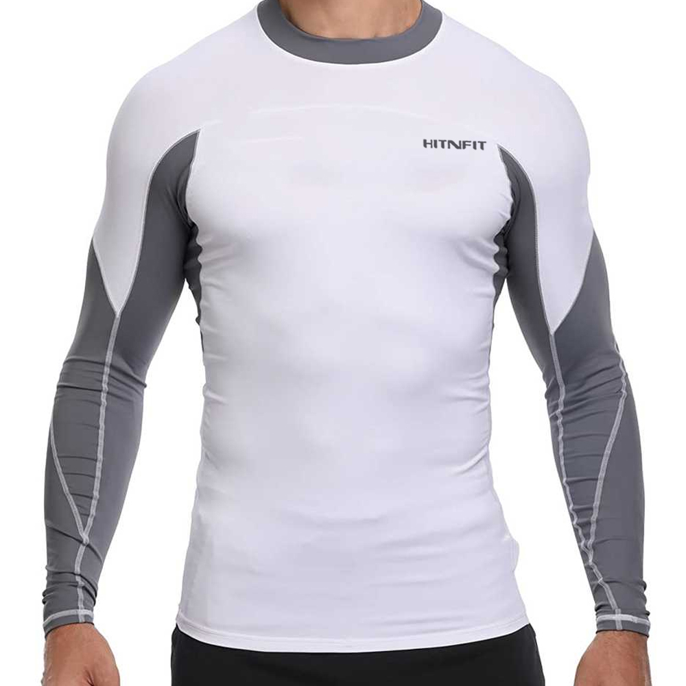 HIT N FIT Men's Technical Long Sleeve Compression Rash Guard | White & Charcoal Grey Swim Top