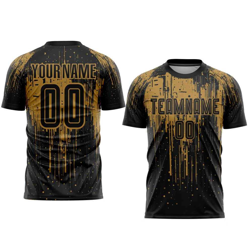 HIT N FIT Custom Sublimated Soccer Jersey | Black & Gold Paint Splash Team Kit