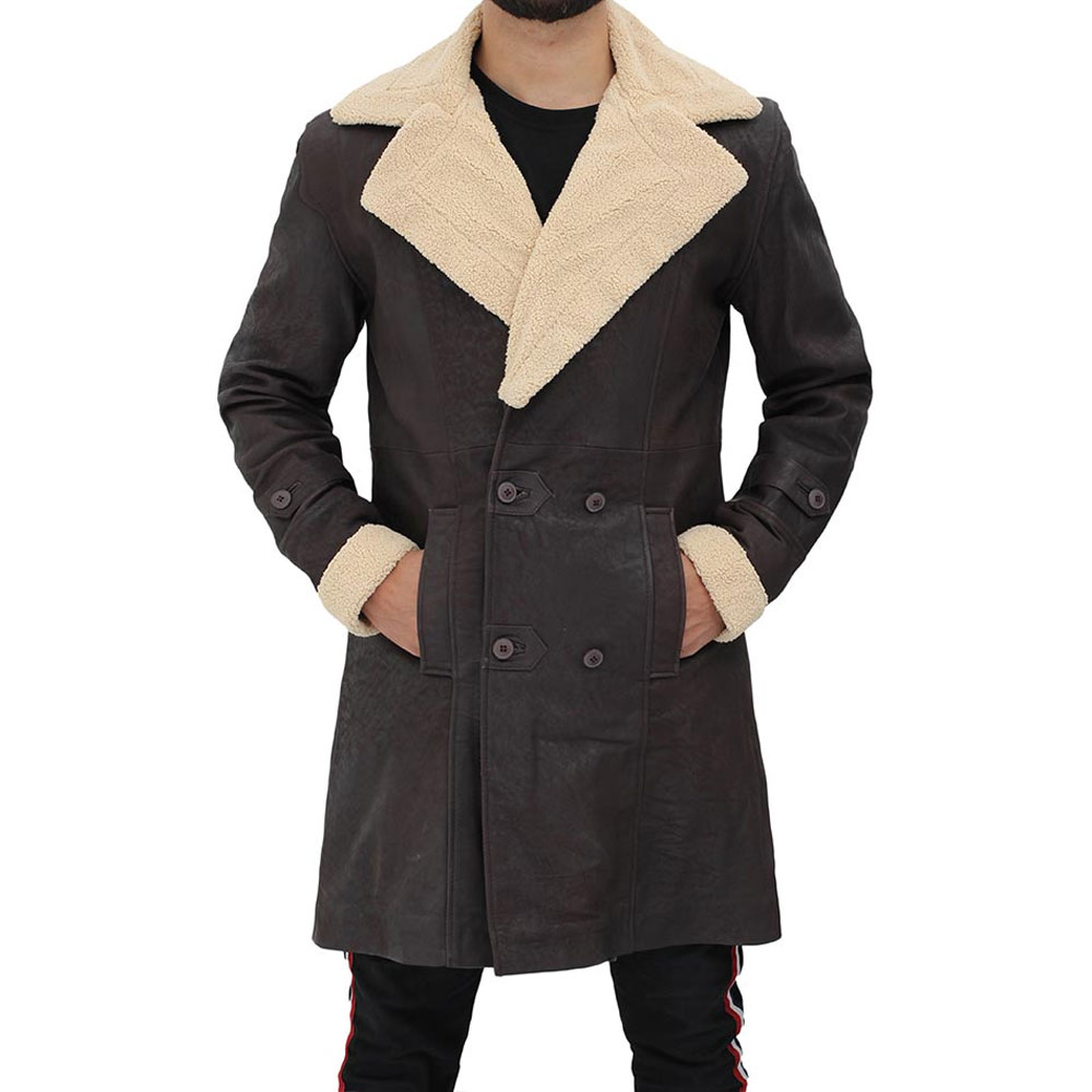 HIT N FIT Men's Dark Brown Real Leather Coat | Cream Shearling Collar Double Breasted Winter Overcoat
