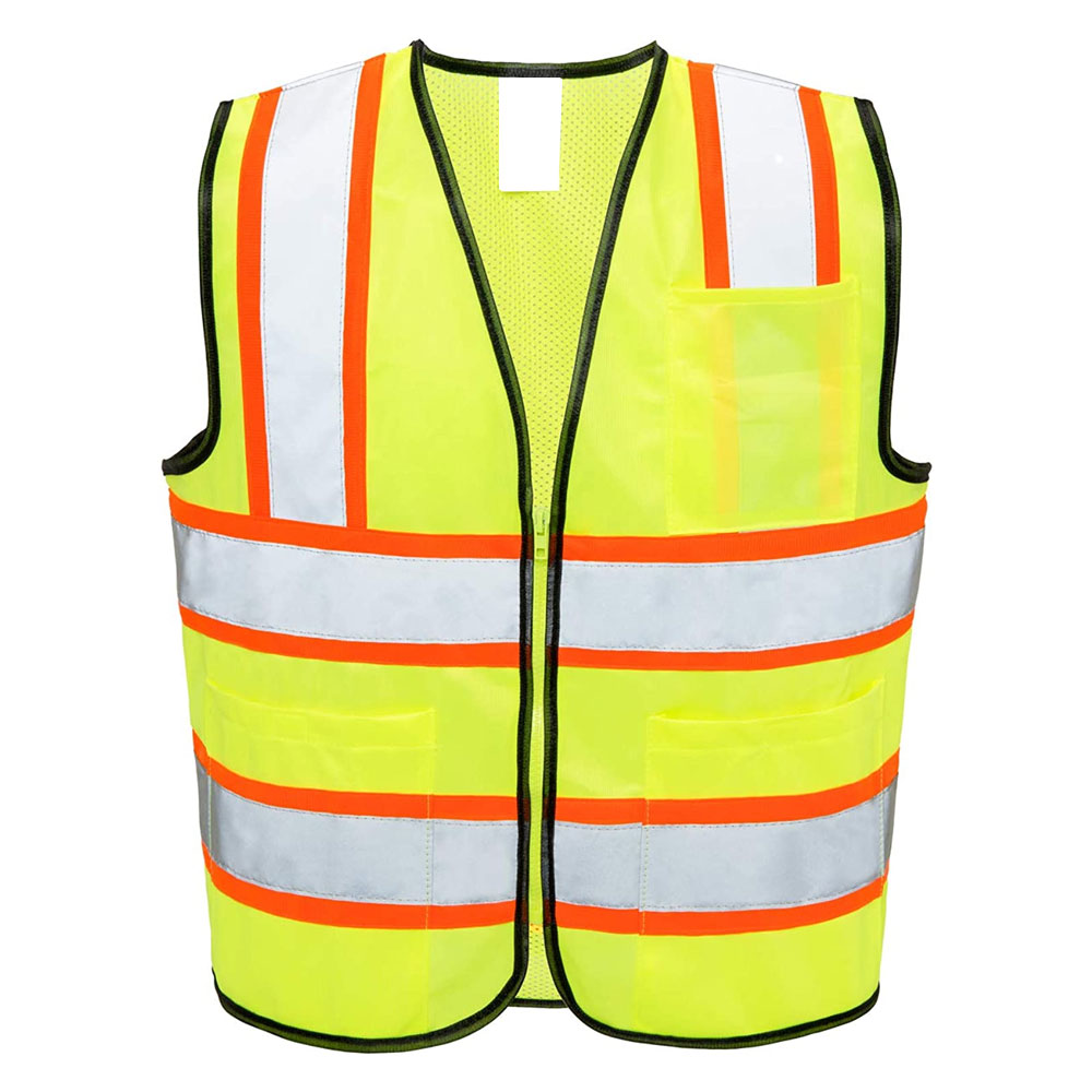 HIT N FIT High Visibility Neon Yellow Safety Vest with Double Reflective Orange Stripes and Black Trim