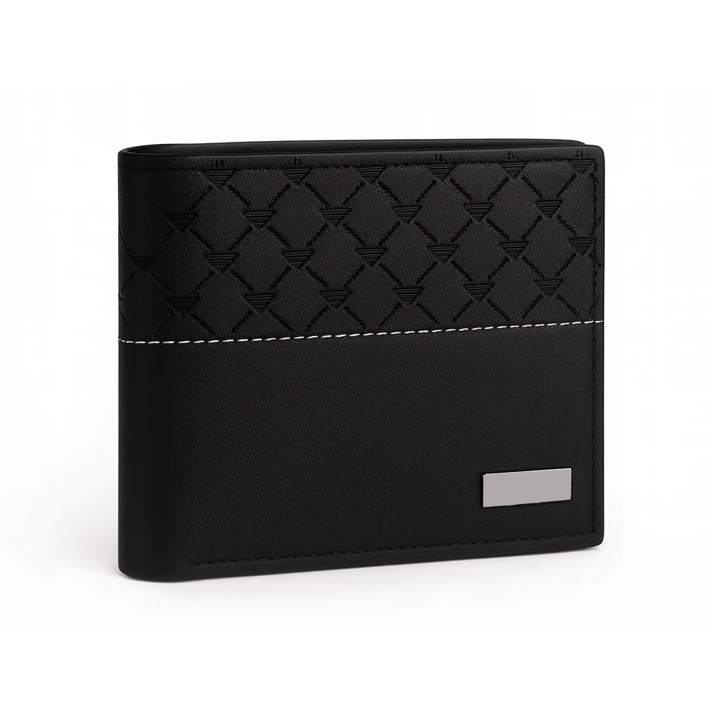 HIT N FIT Premium Men's Black Genuine Leather Wallet with Embossed Woven Texture and Contrast Stitching
