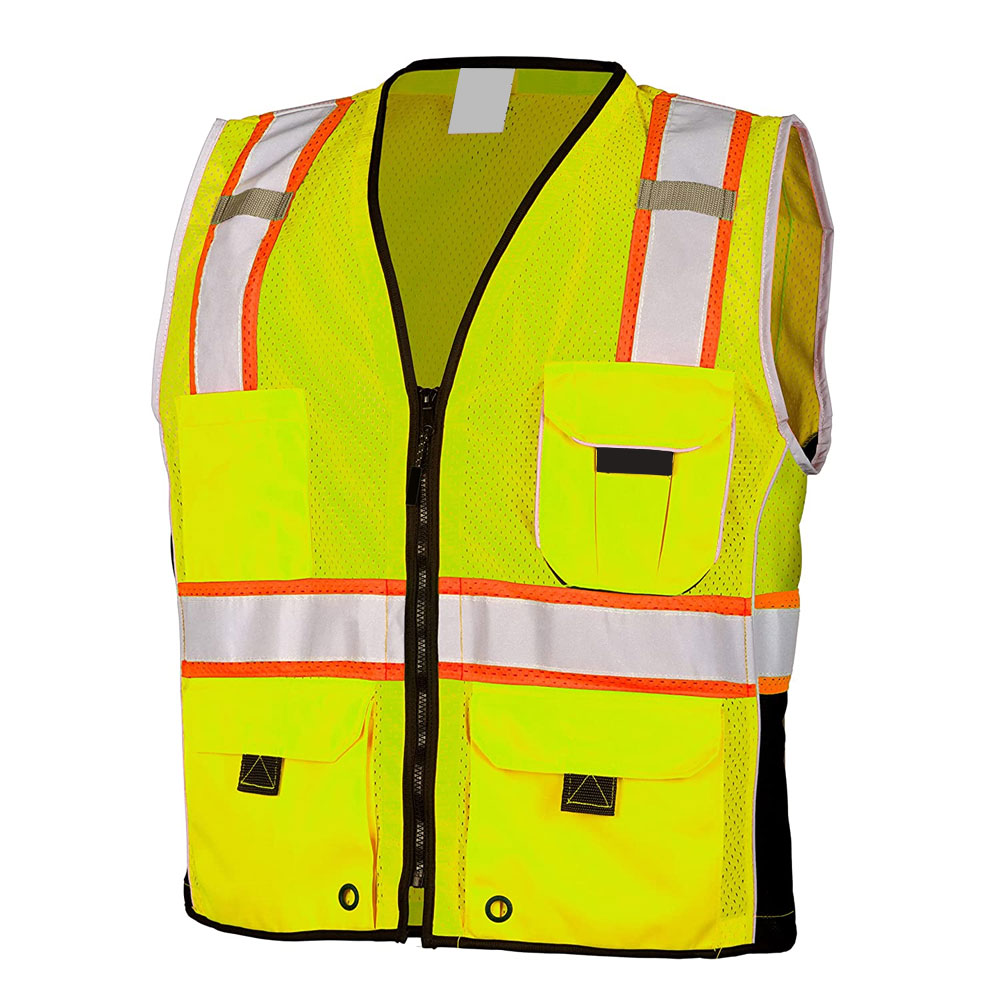 HIT N FIT High Visibility Neon Yellow Safety Vest with Heavy Duty Multi Pockets and Reflective Orange Stripes