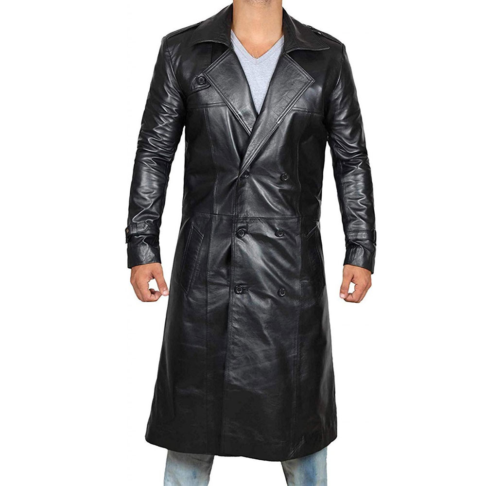 HIT N FIT Men's Black Real Leather Trench Coat | Full Length Double Breasted Officer Winter Overcoat
