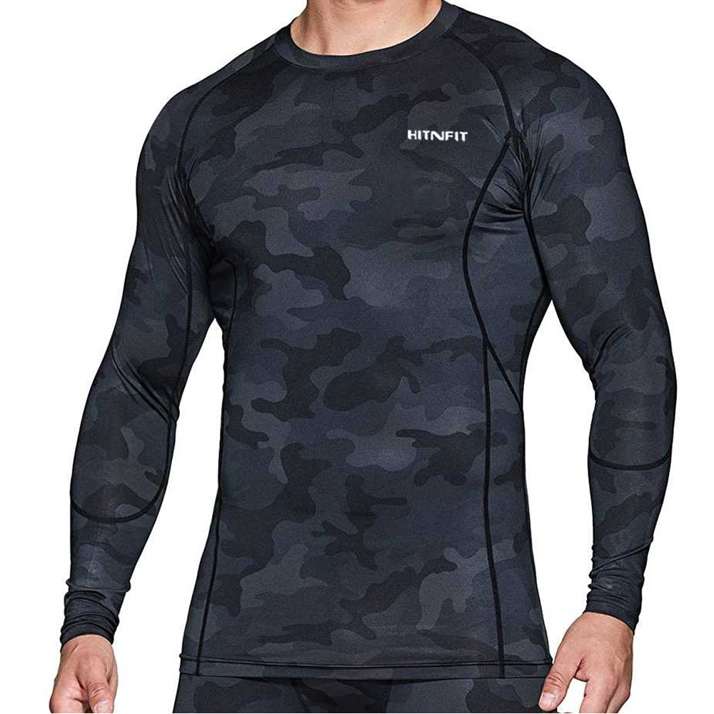 HIT N FIT Men's Dark Camo Compression Long Sleeve Shirt | Tactical Sublimated Gym Rash Guard