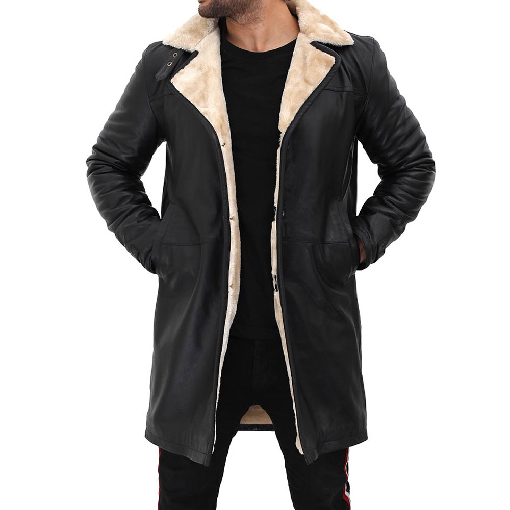 HIT N FIT Men's Black Real Leather Trench Coat | Cream Shearling Fur Lined Winter Overcoat