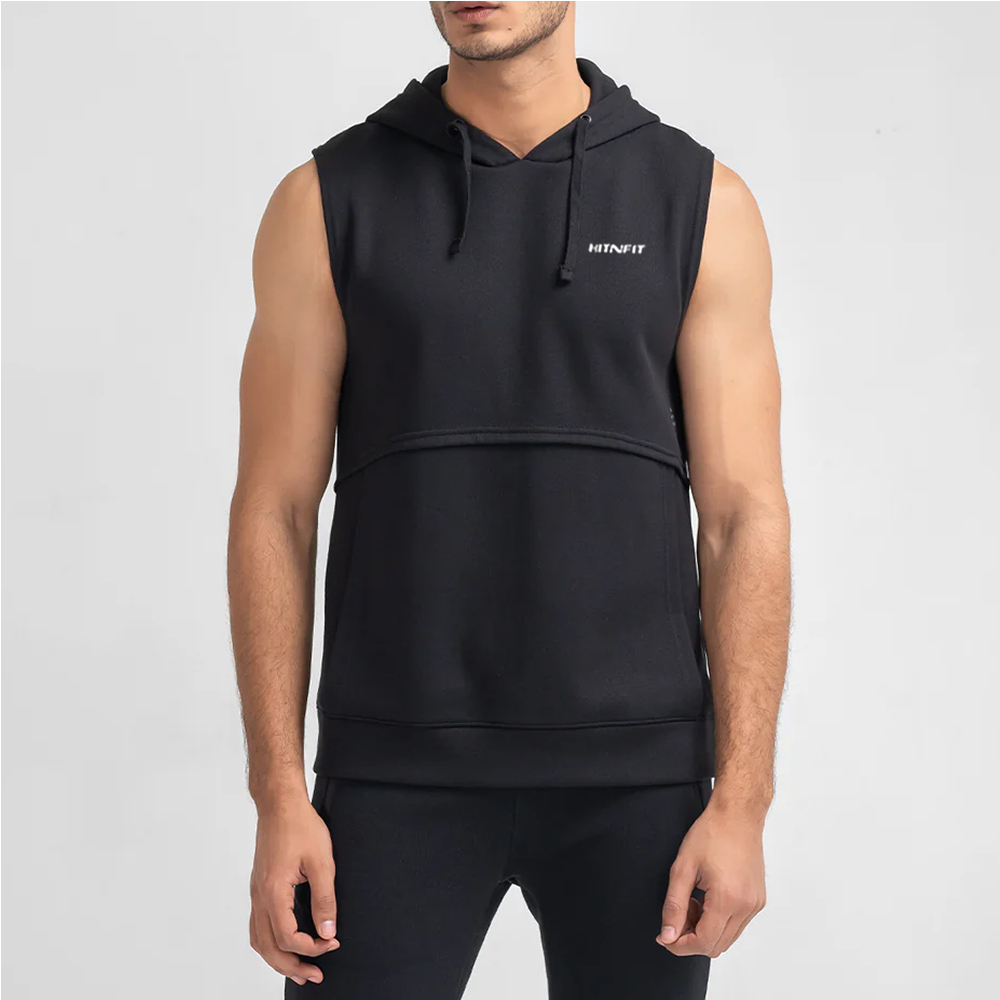 HIT N FIT Men's Sleeveless Hooded Workout Tank Top | Solid Black Athletic Gym Sleeveless Hoodie