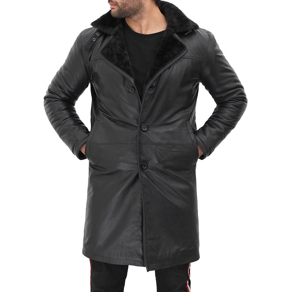 HIT N FIT Men's Black Real Leather Trench Coat | Fur Collar Winter Shearling Overcoat