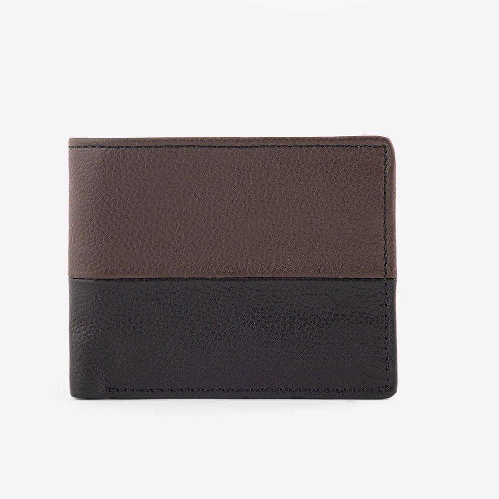HIT N FIT Men's Dual Tone Brown and Black Genuine Textured Leather Bifold Wallet with Perimeter Stitching