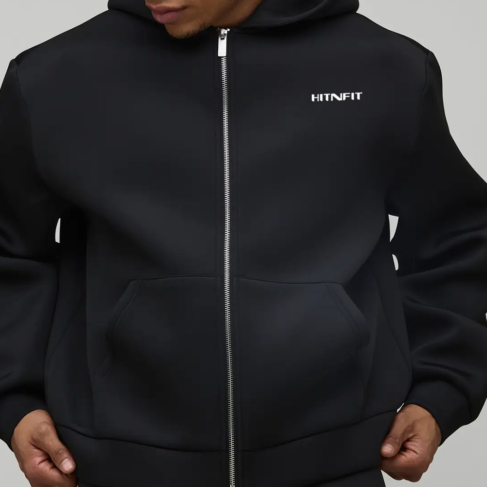 HIT N FIT Premium Oversized Jet Black Zip-Up oversized Hoodie | Minimalist Heavyweight Fleece Streetwear Hoodie