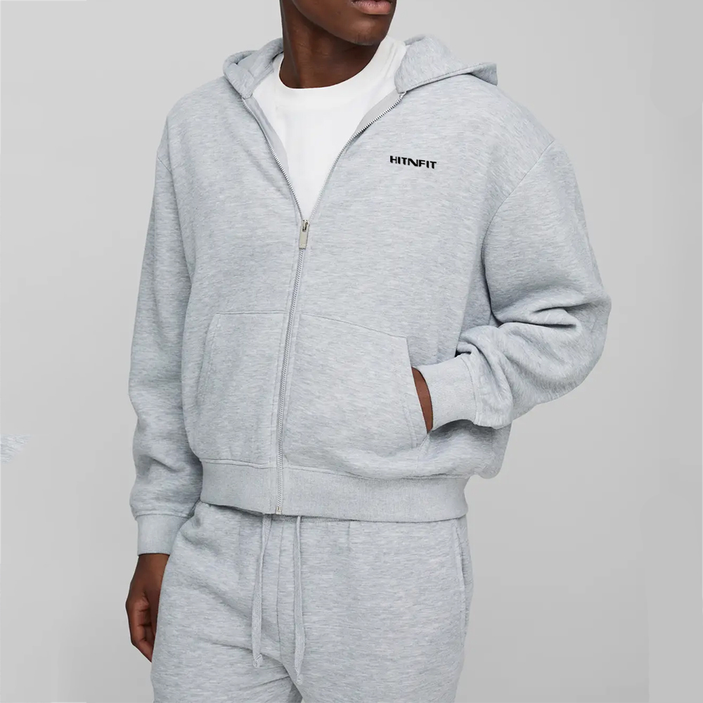 HIT N FIT Premium Oversized Heather Grey Zip-Up Hoodie | Minimalist Heavyweight Fleece Streetwear Hoodie