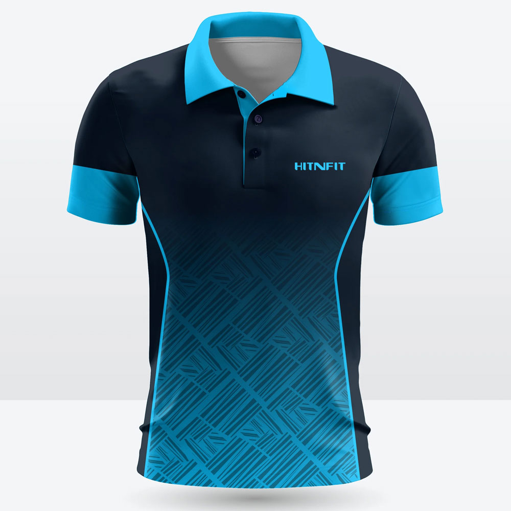 HIT N FIT Custom Sublimated Cricket Jersey | Navy & Cyan Geometric Polo Kit