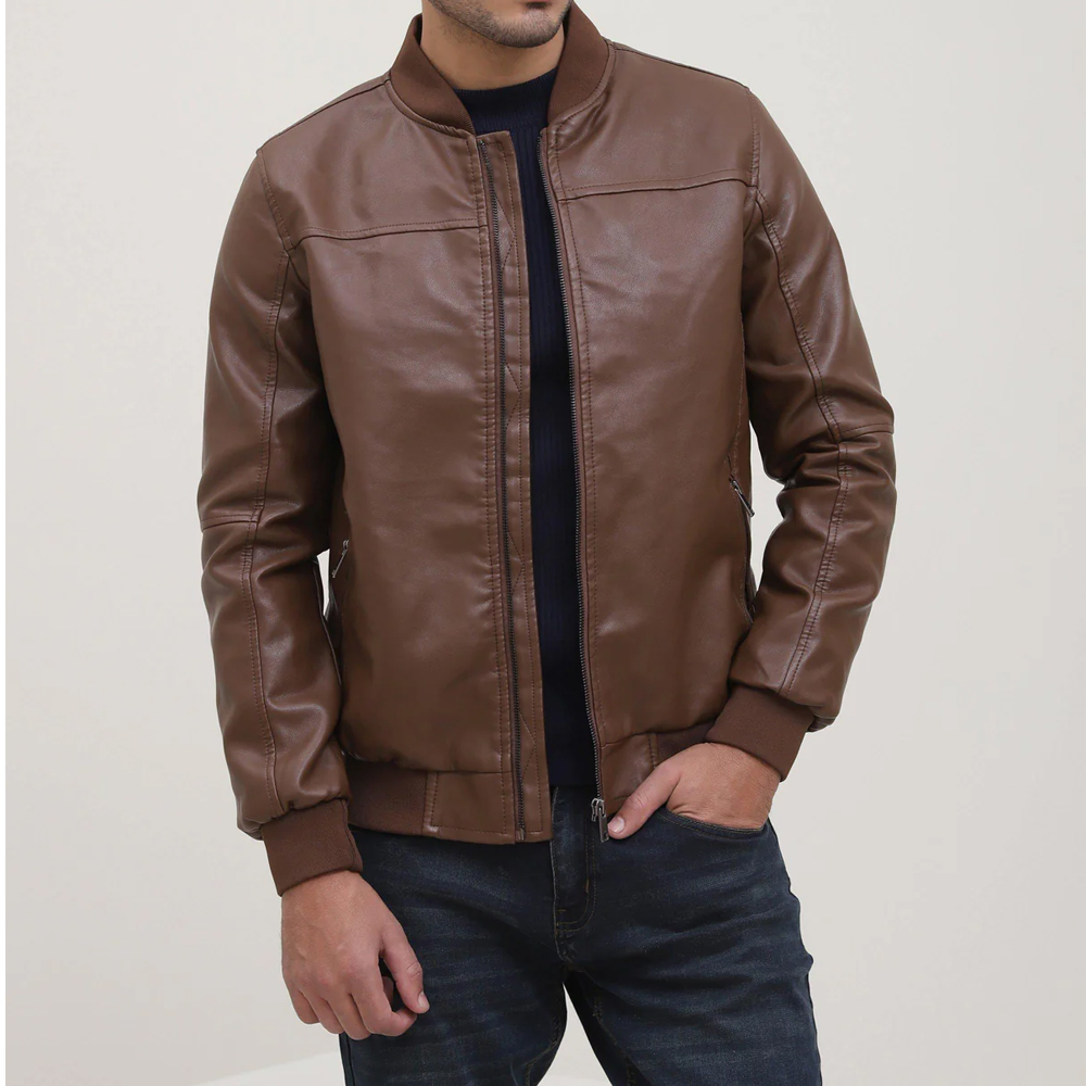 HIT N FIT Men's Tan Brown Real Leather Racer Biker Jacket | Ribbed Bomber Collar Motorcycle Outerwear